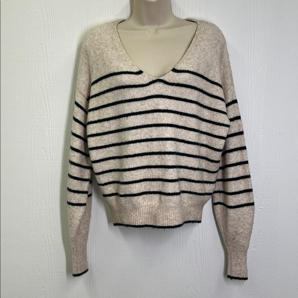 Madewell - Wedged Luxury Forest Green  Stripe V Neck Long Sleeve Sweater Size XS - Picture 4 of 12